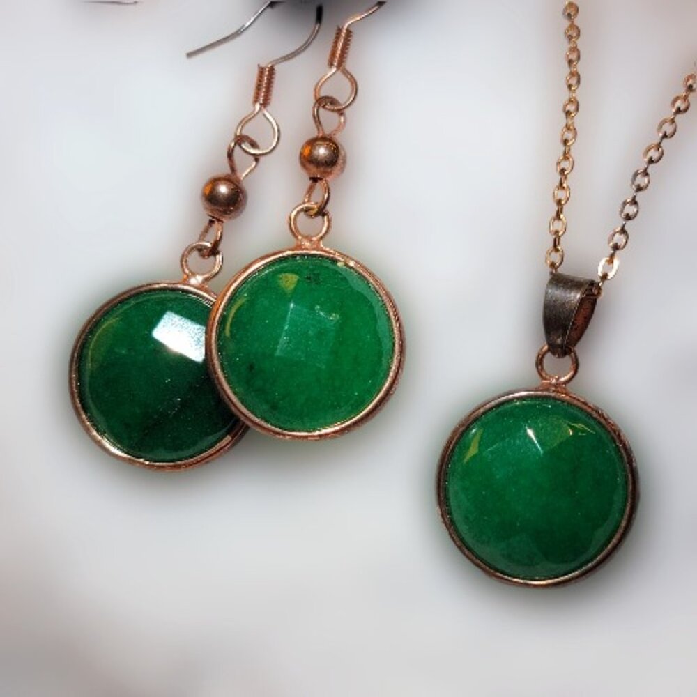 Earring/Necklace Set Bezel - Gemstone Round Pendant Gold Plated Hooks - Emerald